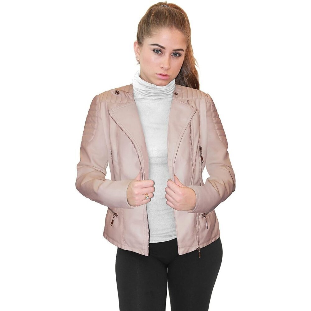 Women's Faux Leather Moto Biker Jacket Long Sleeves with Pockets Dusty Rose